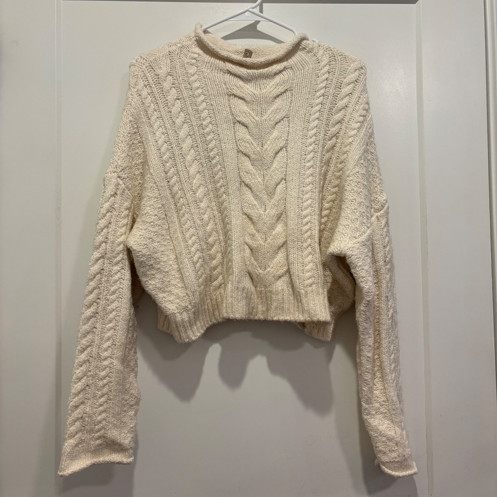Pilcro Anthropologie Ivory Cable Knit Cropped Sweater Mock Neck Small OB1571316